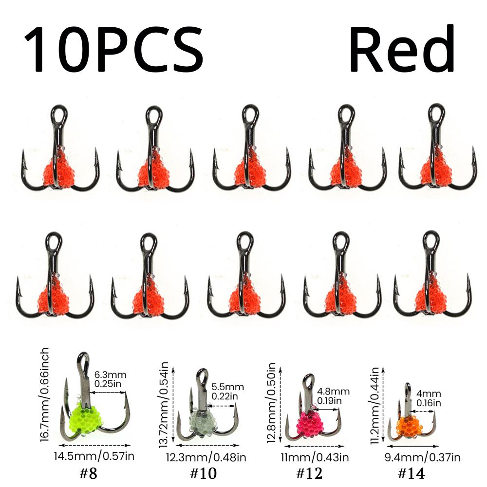 ICERIO 10PCS Lifelike Egg Bead Treble Hooks Glow Ice Fishing High Carbon Steel Sharp Barbed Fishing Hooks for Trout & Salmon