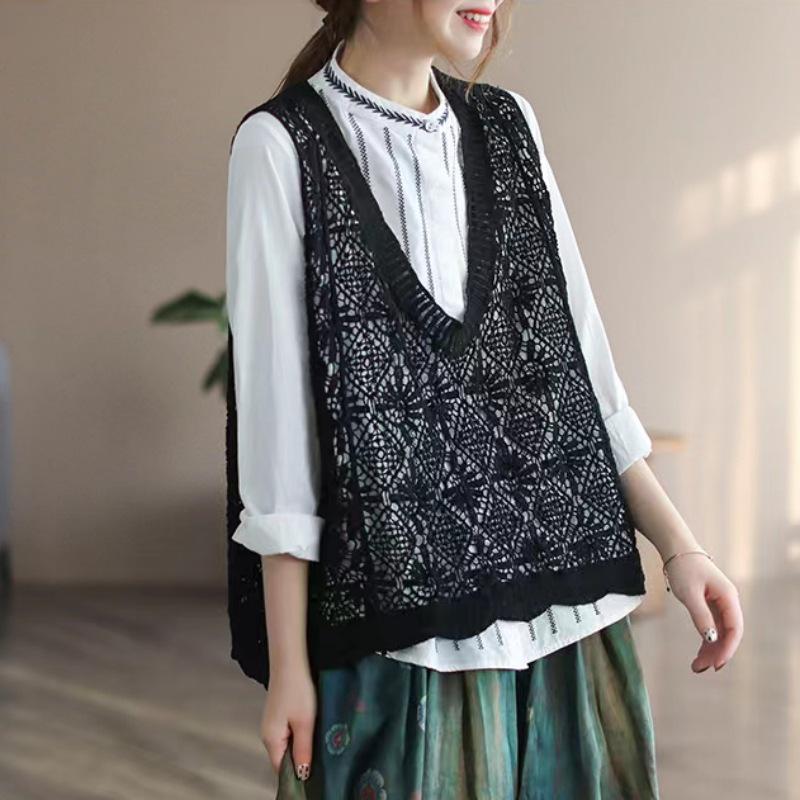 Women's Retro Knitted Sleeveless Cardigan: Hollow Out Vest for Spring, Summer, and Autumn - Loose Plus Size Fashion Top