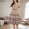 ZANZEA Women Casual Stand Collar Summer Short Sleeve Print Dress