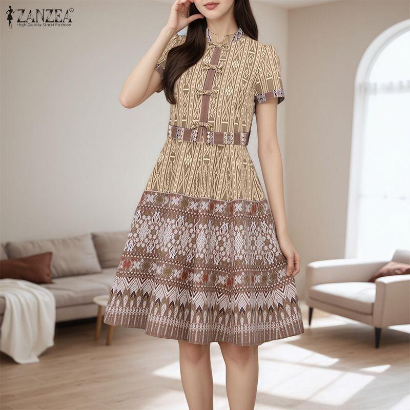 ZANZEA Women Casual Stand Collar Summer Short Sleeve Print Dress
