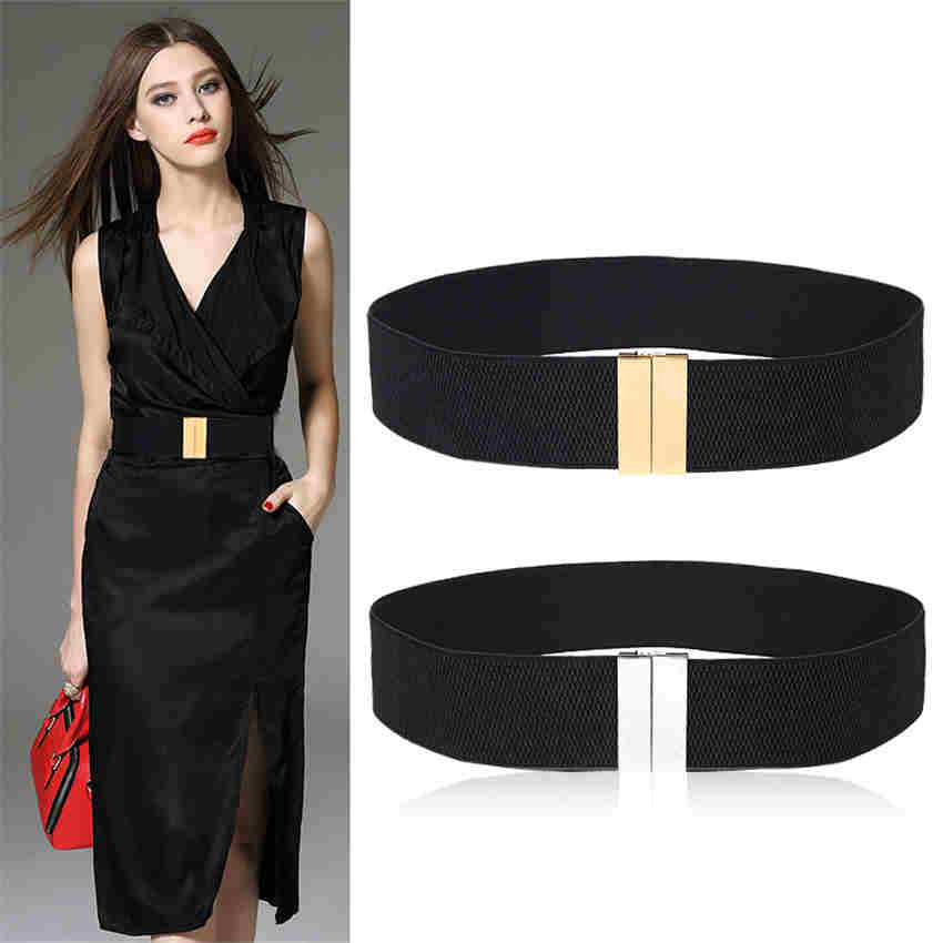 Fashion Females Elastic Wide Belt Women Waistbands Black Strap Gold Buckle Cummerbund