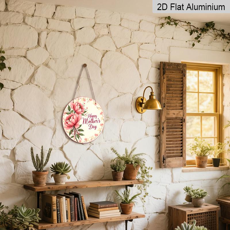 Piatto 2D, 1 pz 7,87 pollici Rotondo Decorazione Murale in Metallo di Alluminio - Segno Bouquet di Peonie Festa della Mamma con Rosa e Peonie, Fogliame Verde e Fiocco con Nastro Rosso