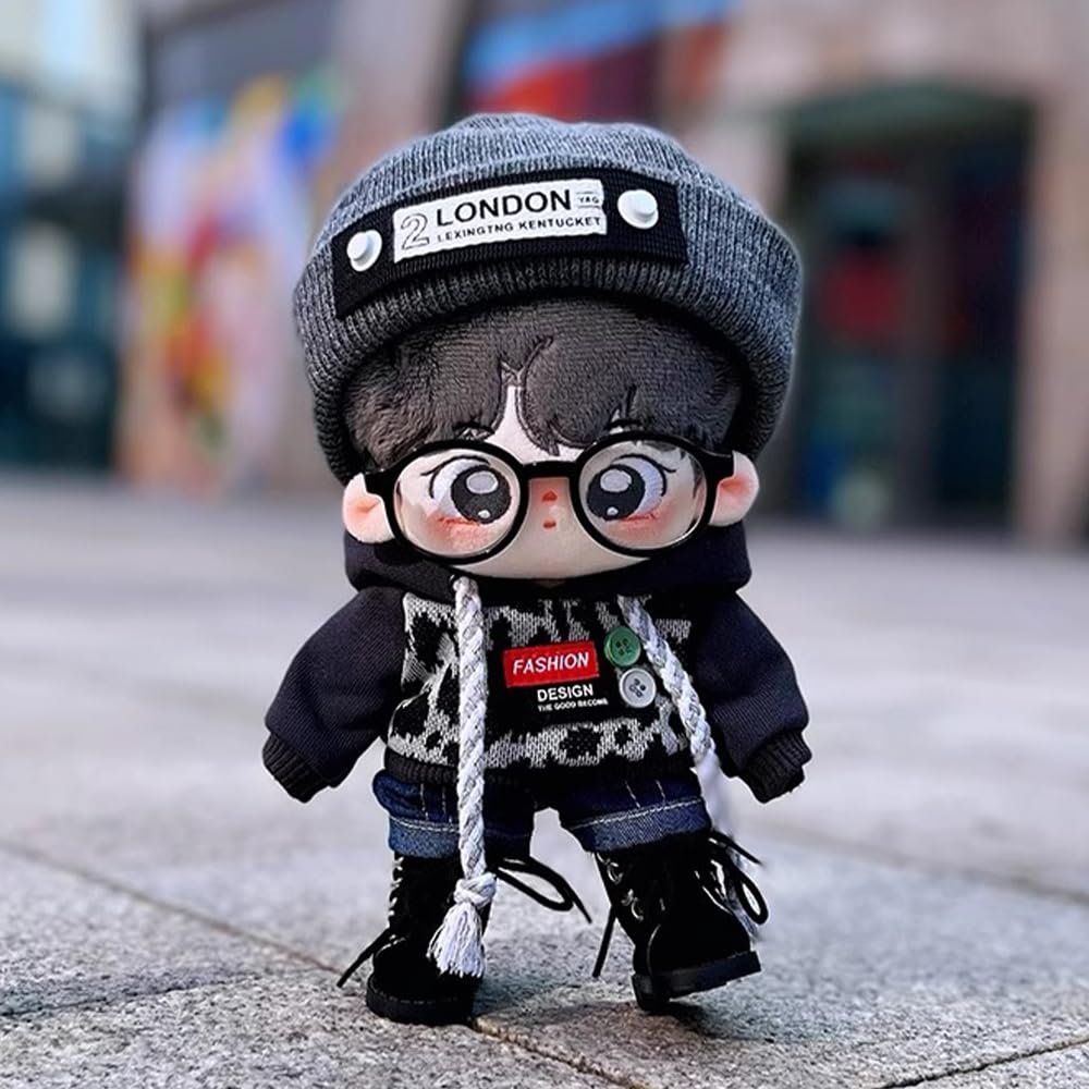 Niannyyhouse 20cm Plush Doll with Leopard Print Cotton Accessories Clothes, Hat, Jacket, Jeans, Glasses, Shoes, Doll, Dress-Up (Black)