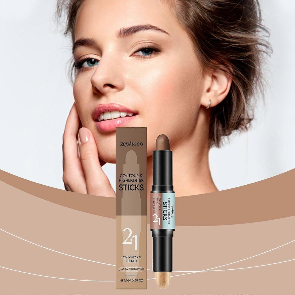 Natural Color + Light Coffee Color 2-In-1 Contour And Highlight Stick, Convenient Double-Head Design For Contouring The Highlight Stick