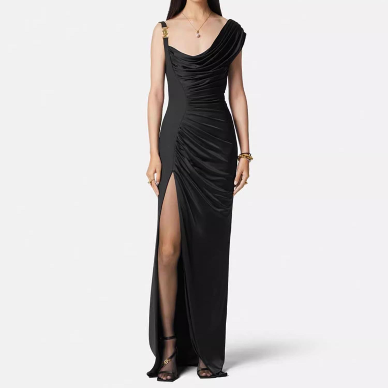 European and American style black golden velvet slim-fitting long dress high split halter evening dress pleated dress S чёрный