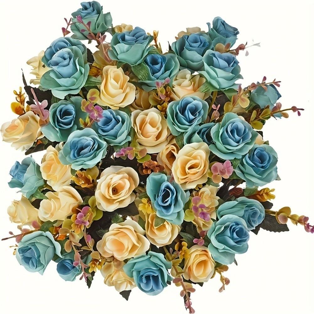 Creative 12 Heads Rose Artificial Flowers Simulation with Stems Faux Roses Flower Bouquets Two Color Bouquet Wedding Decoration