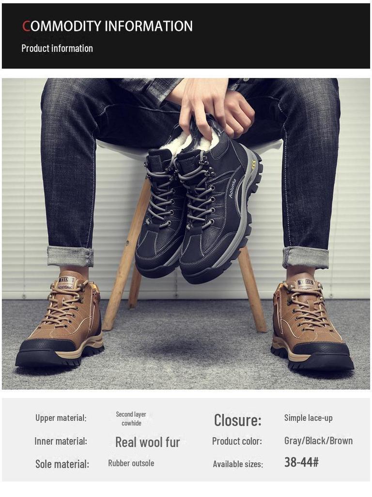 Men's Cotton and Wool Snow Boots - Non-Slip, Thickened, Warm Outdoor Winter Shoes