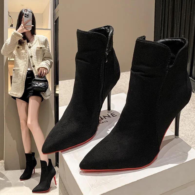 Fashion New Women's Autumn Winter Ankle Boots with Pointed Tips Thin Heels Plus Size 43 Fashion Suede Women's Boots