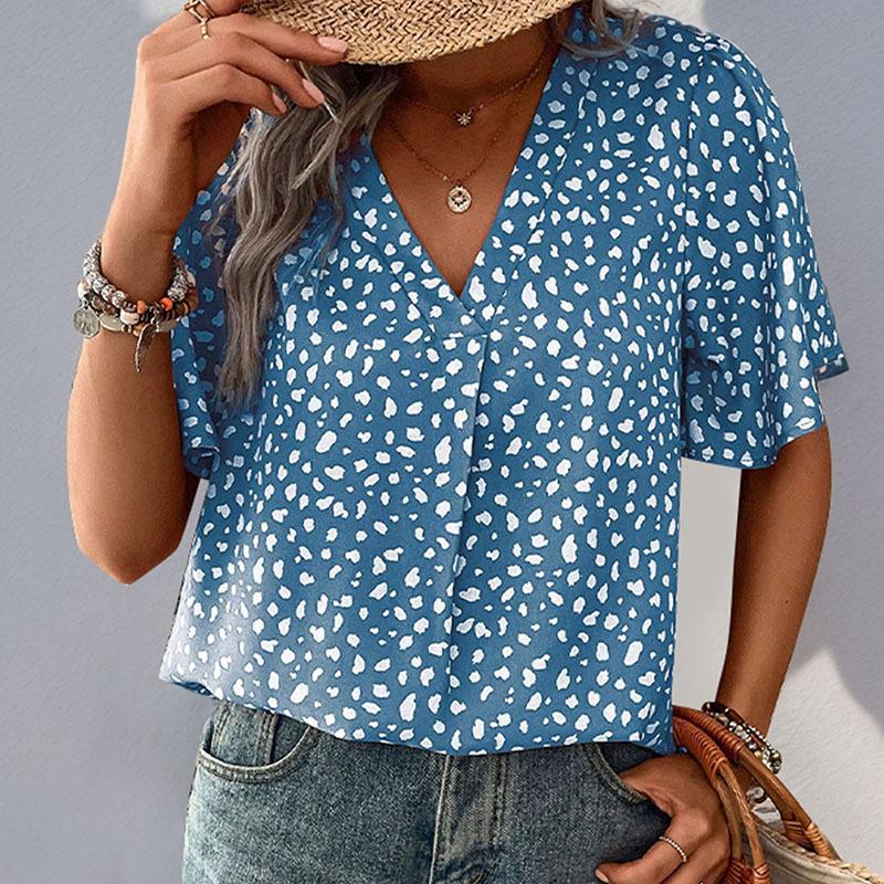 Women Leopard Print V Neck Short Sleeve Mid Length Casual Shirt
