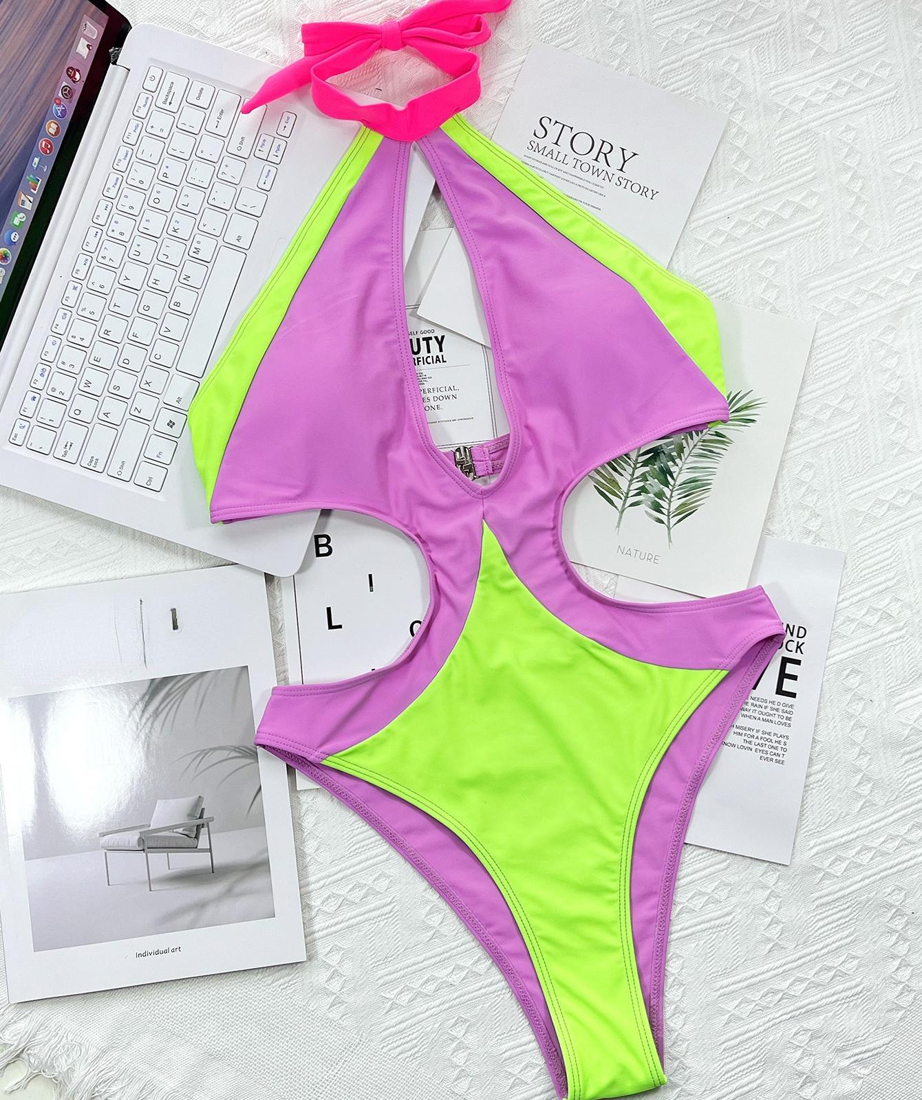 

Женский купальник контрастного цвета, цельный купальник, сексуальный вырез, бразильская пляжная одежда L фиолетовый