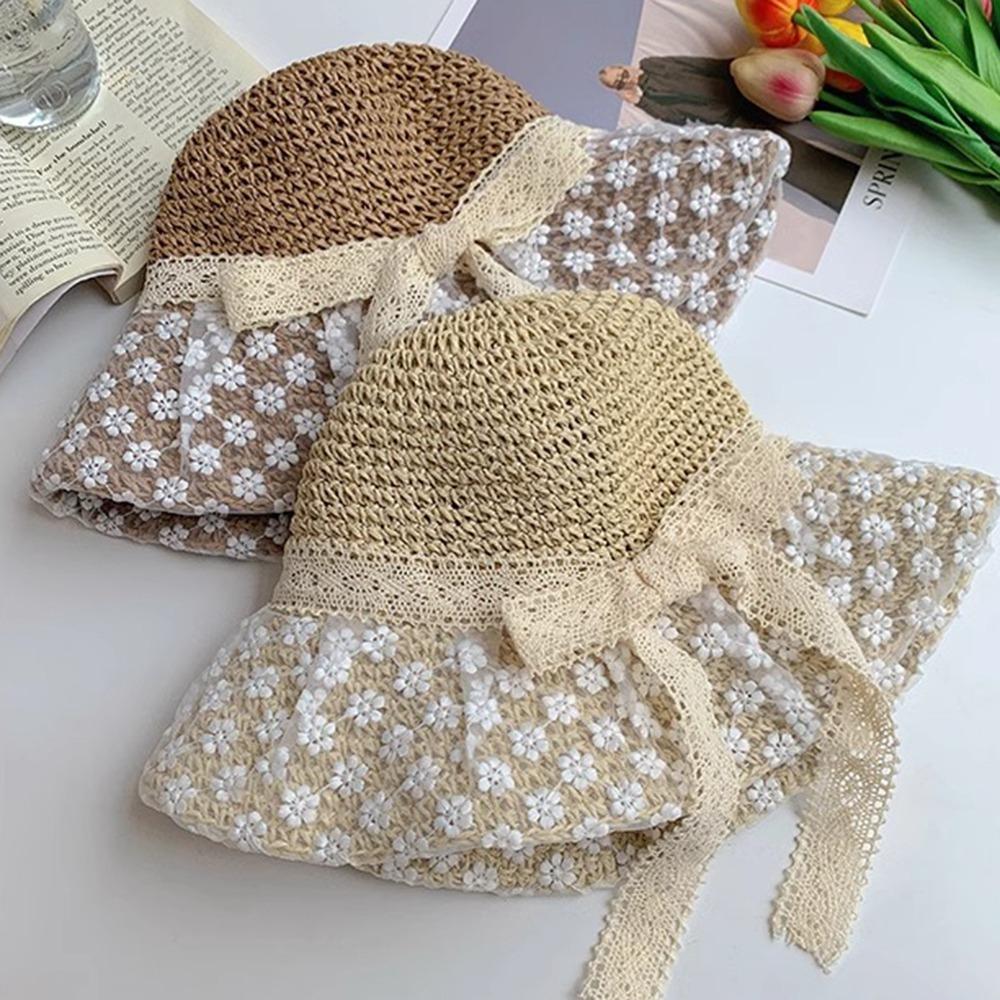 Breathable Flower Sun Hat Large Brim Lace Bowknot Sunshade Cap Fashion Woman's Straw Hat  Outdoor