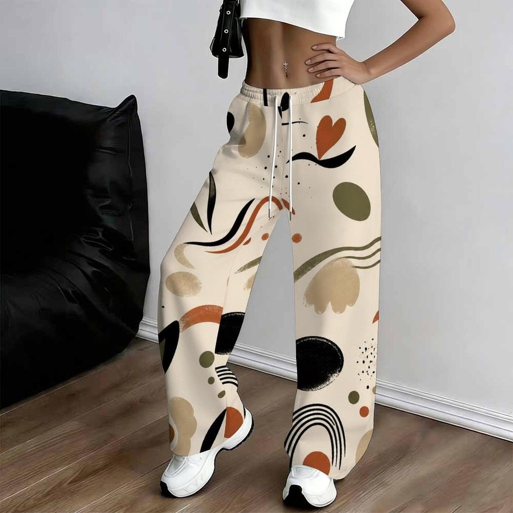 Women Plus Size Beige Abstract Printed Drawstring Loose Straight Leg Full Length Pants