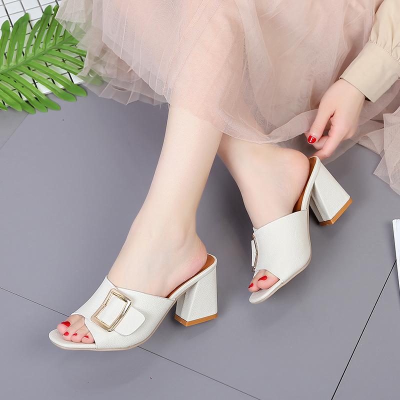 Open Toe Slides Woman Slippers Sandals Shoes for Women Khaki Heeled Rubber Job Outside Sandal Chic and Elegant Clappers