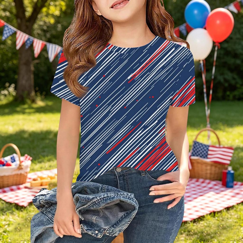Girls Short Sleeve T Shirt Cupcake Print Independence Day Pattern Kids Casual Tee Top Soft Comfortable Fit Summer Shirt