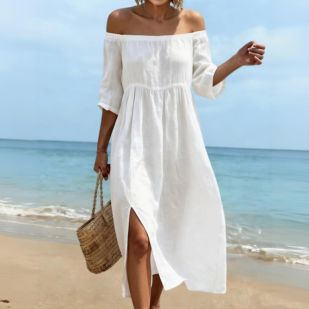 Women Off Shoulder Midi Dress Three Quarter Sleeve Pleated Linen Cotton Blend Loose Fit High Waist Side Slit Summer Casual Dress