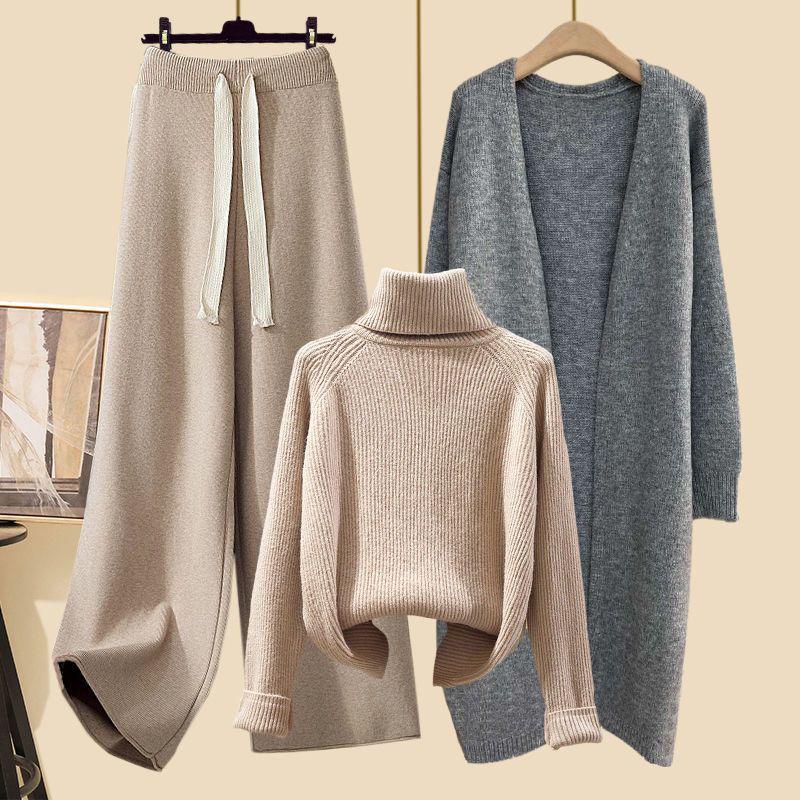 Autumn 2025 Knit Cardigan Set with High-Neck Sweater & Wide-Leg Pants