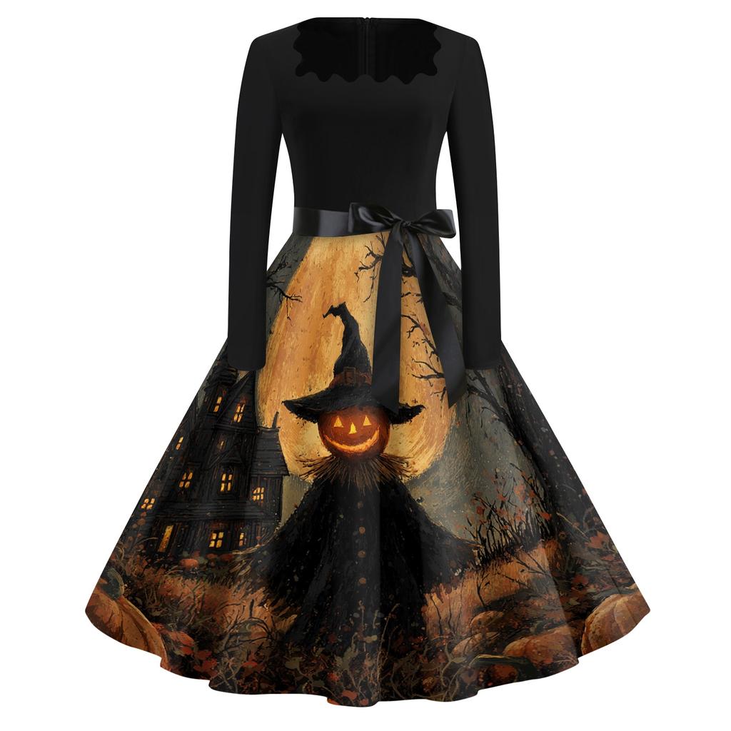Women's Vintage Square Neck Dress with Halloween Print for Casual Occasions