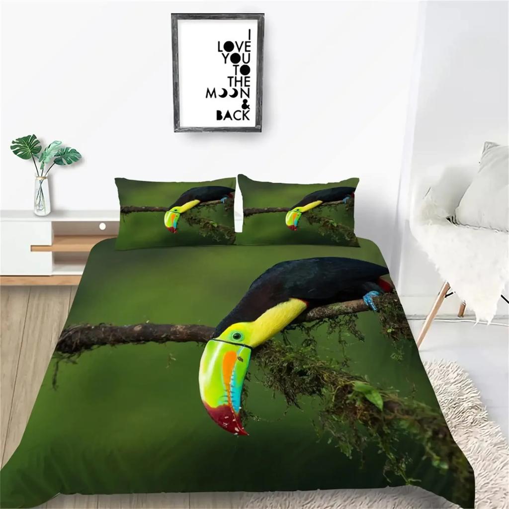 3D Toucan Duvet Cover Set Safari Animals Bedding Sets Tropical Jungle Birds Comforter Cover,Boys Girls Fresh Nature Quilt Cover