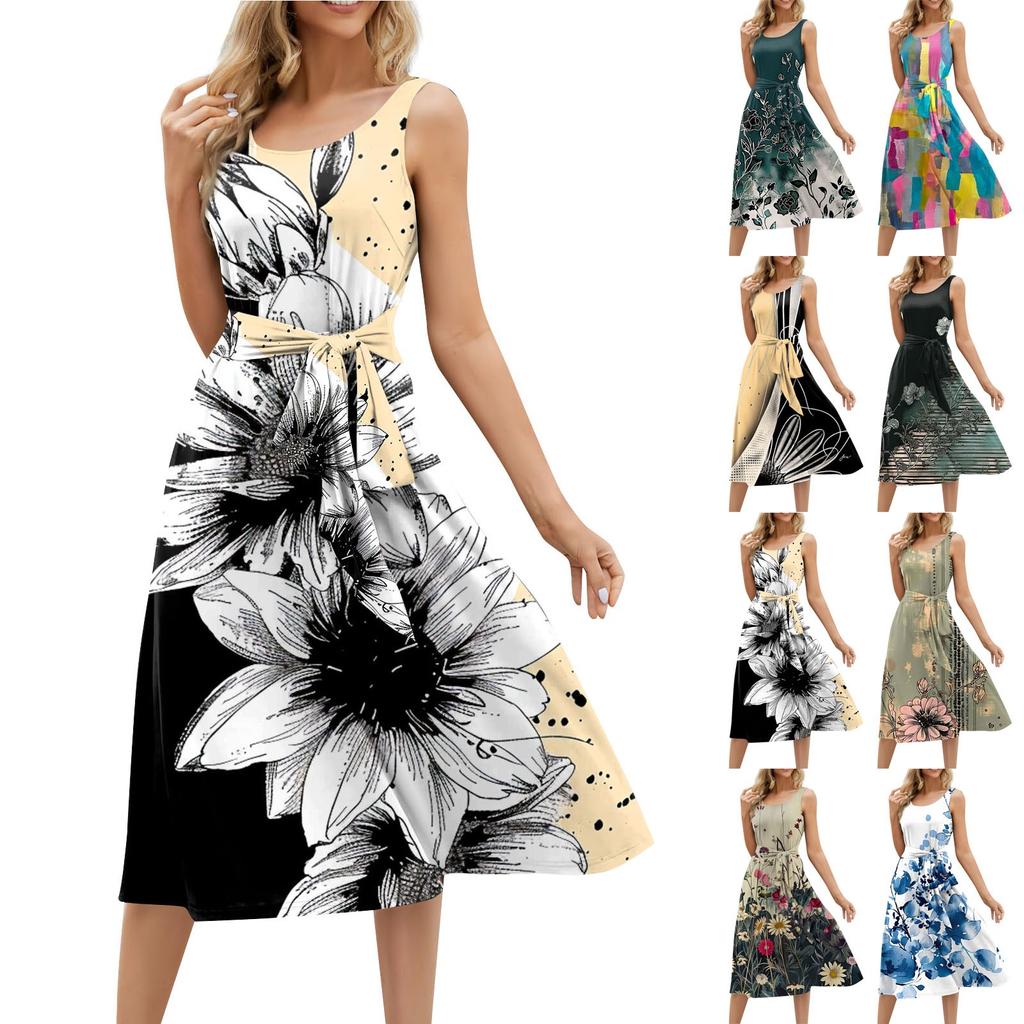 Summer Dresses For Women 2024 Beach Loose Round Neck Sleeveless Midi A-Line Swing Dress Sundresses With Pockets