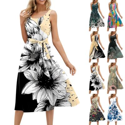 Summer Dresses For Women 2024 Beach Loose Round Neck Sleeveless Midi A-Line Swing Dress Sundresses With Pockets