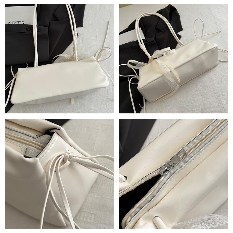 Fashi Bow Lace Ribbs Pu Shoulder Bags for Women Versatile Commuter Ladies Underarm Bag Solid Color Female Handbags Purse