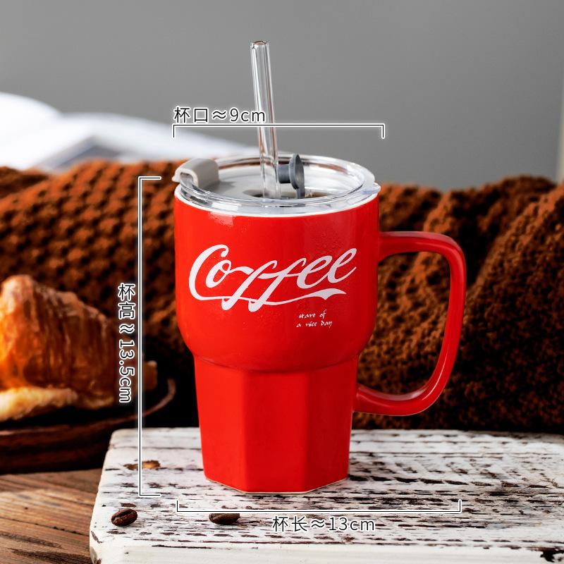 Coke Straw Cup High Value Ceramic Cup Large Capacity Water Cup Couple Mug Office Coffee Cup Portable