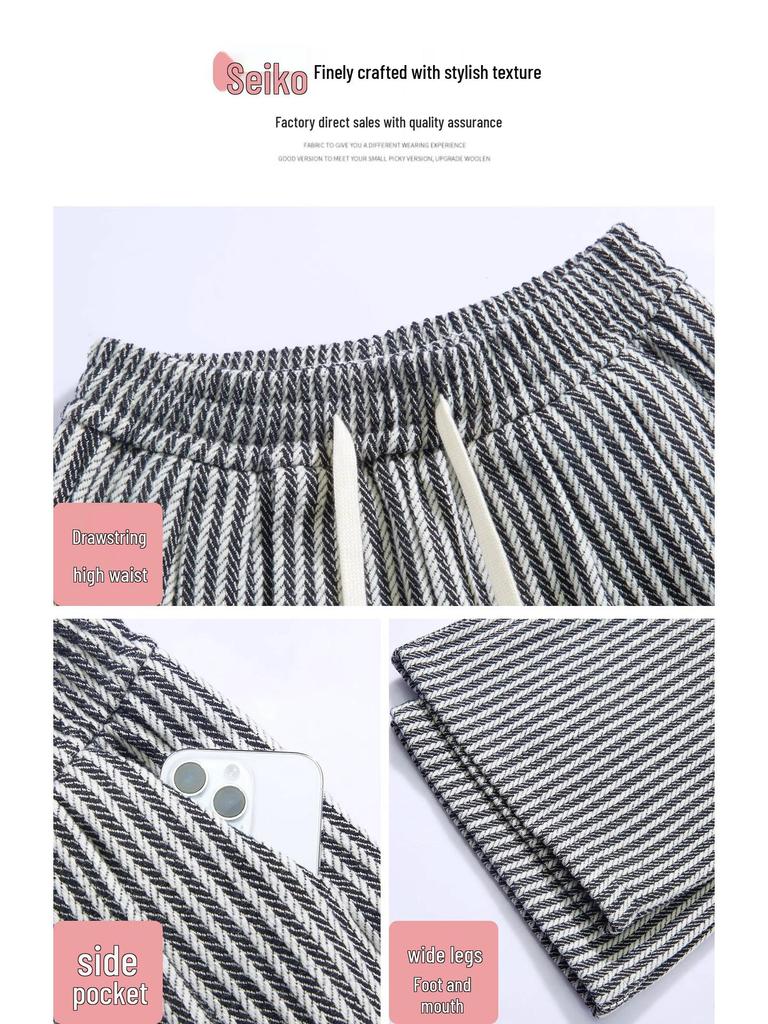 American Retro Pinstripe Woolen Petite Wide-Leg Pants - Casual Straight-Leg Streetwear 145cm