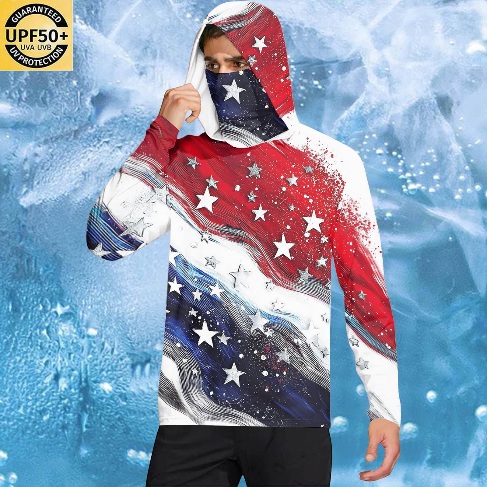 

Men s Casual Independence Day Print Hooded Long Sleeve Sun Protection Shirt Lightweight Breathable Outdoor Pullover L