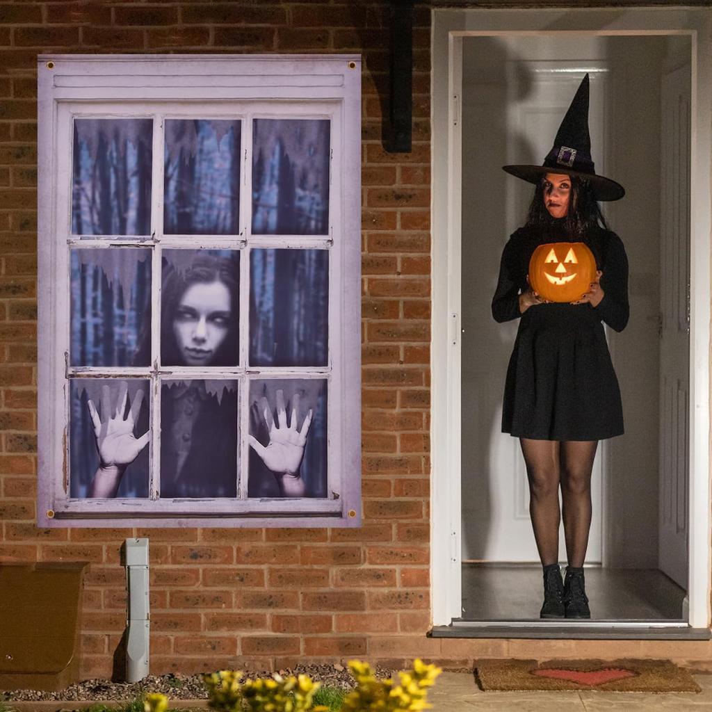 1Pcs Halloween Window Silhouette Decora Halloween Boy Girl Scary Banner Blood Ghost Window Cover Horror Theme Window Poster 2025