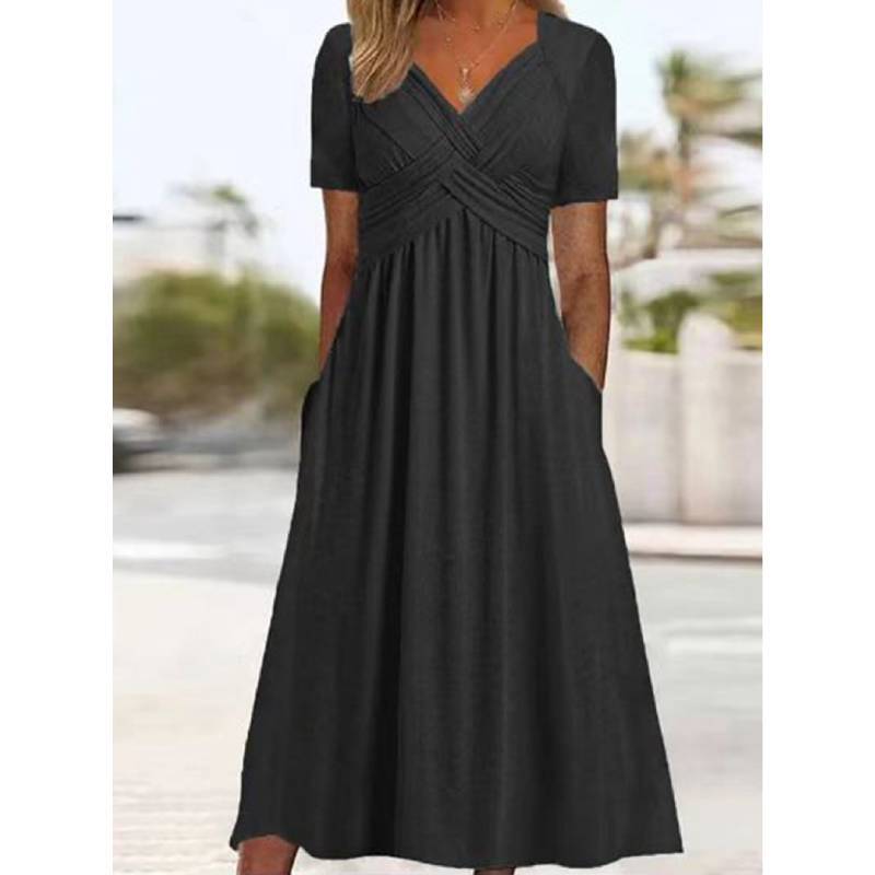Casual Fall Solid Color V Neck Short Sleeve Dress With Pockets For Women