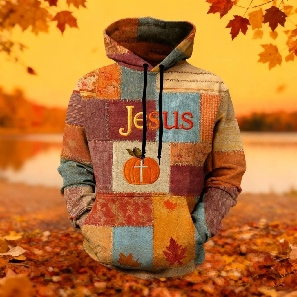 Men's Retro Casual Cross Art Print Oversized Drop-Shoulder Pockets Hoodie