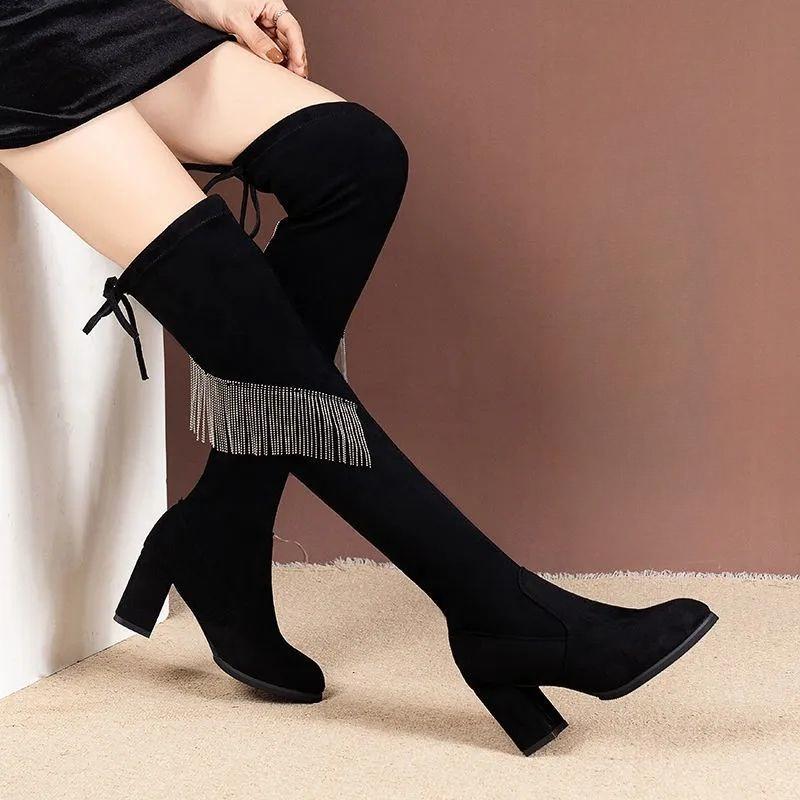 Black Round Toe Tassel Elegant Heeled Thigh High Boots for Women Autumn Winter Comfortable Chic Above Over The Knee Shoes Woman
