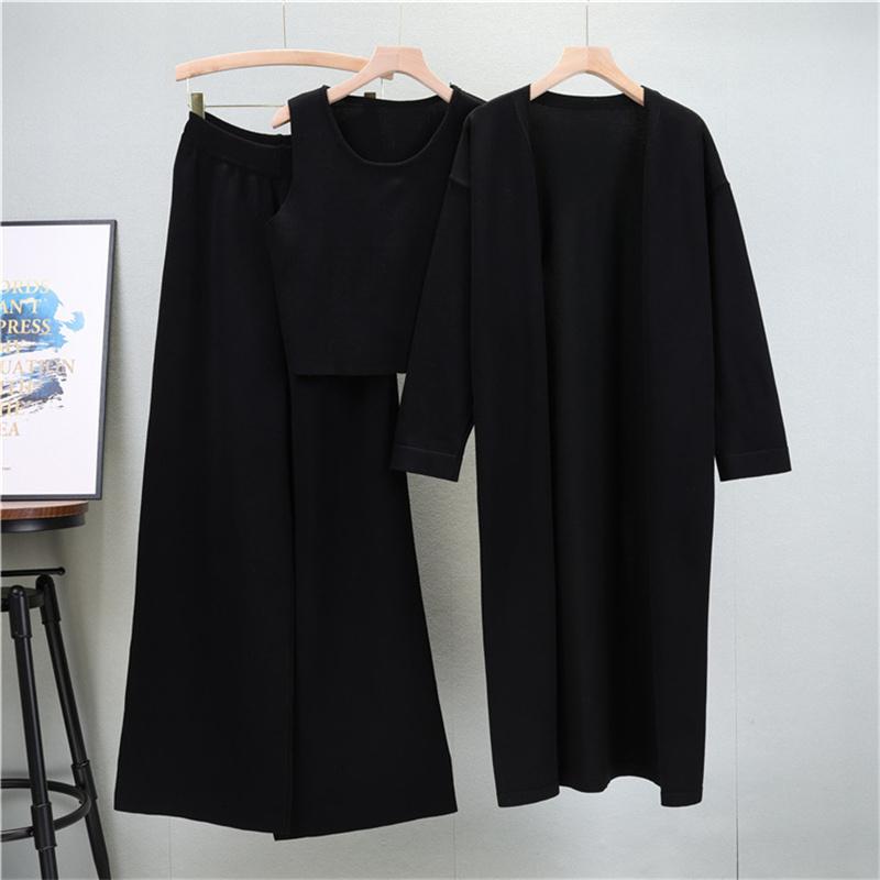 Women'S Spring Loose Knitted Set Long Shawl Cardigan Sweater Tank Top Wide Leg Pants 3 Piece Set