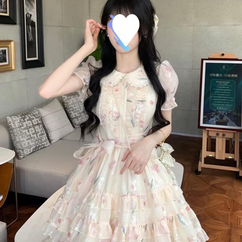 Puffärmel süß niedlich frisch Sommer Mittelschule Oberschule Schülerin Lolita geblümt Prinzessin Rock