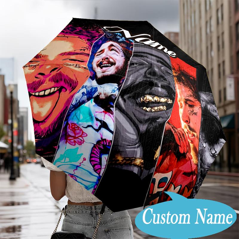 Custom Name Post Malone Artwork Umbrella Folding Umbrella, Automatic Umbrella - 8-Frame for Travel, Casual Lightweight Personalized Gifts