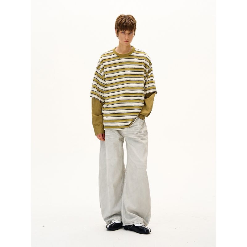 Madwitch American Classic Fake Two-Piece Striped Long-Sleeve T-Shirt for Men and Women, Loose Casual Lazy Couple Top Ins