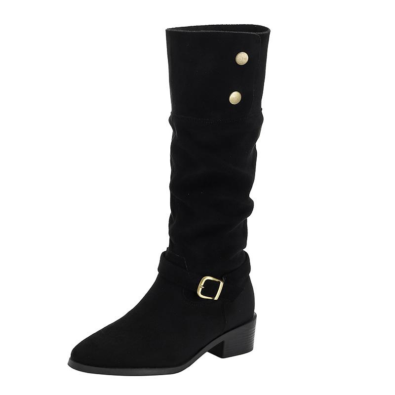 6056-3 suede French boots but knee boots 2025 autumn and winter new retro women's boots pleated boots