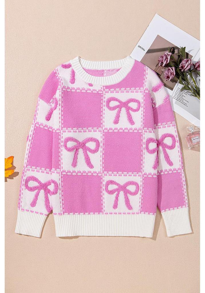 2025 Winter Women's Bow Color Block Round Neck Knitwear Sweater
