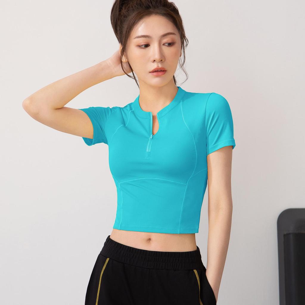 Women's Quick-Dry Half-Zip Fitness Top - Short Sleeve Tight Yoga Tee