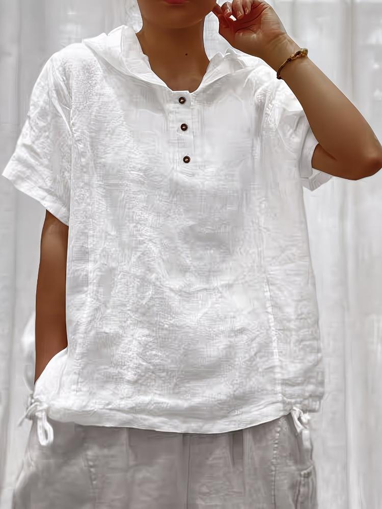 Women Loose Solid Color Hooded Collar Short Sleeve Front Button Pullover