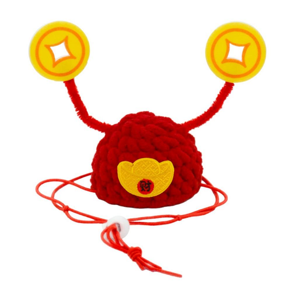 

Chinese Style Pet New Year Hat Adjustable Pet Knitted Hat Pet God of Wealth Hat Photography Props красный