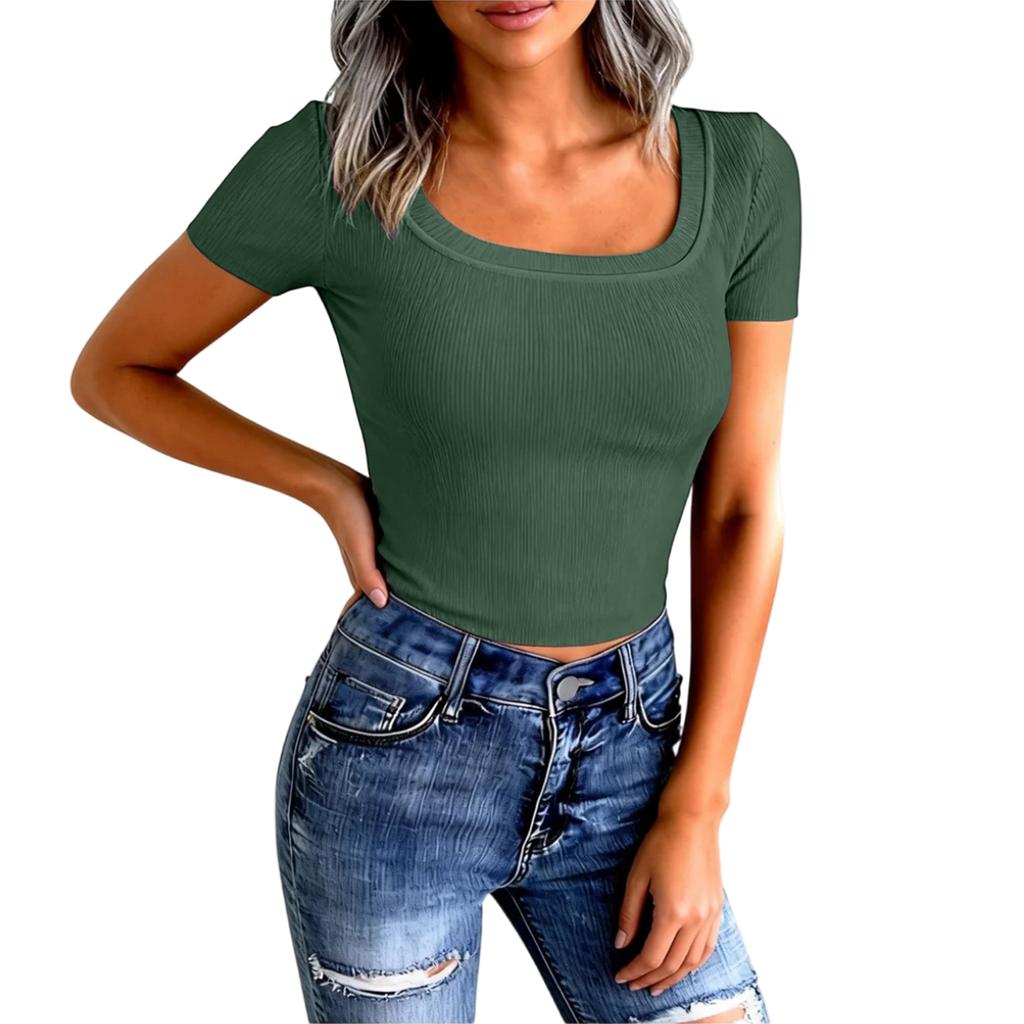 Women's Ribbed Slim Fit Sexy U-Neck Casual T-Shirt