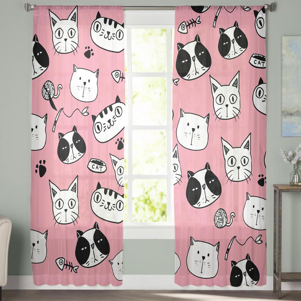 Cute Cartoon Hand Drawn Cat Tulle Curtains For Living Room Bedroom Decor Chiffon Sheer Voile Kitchen Window Curtain