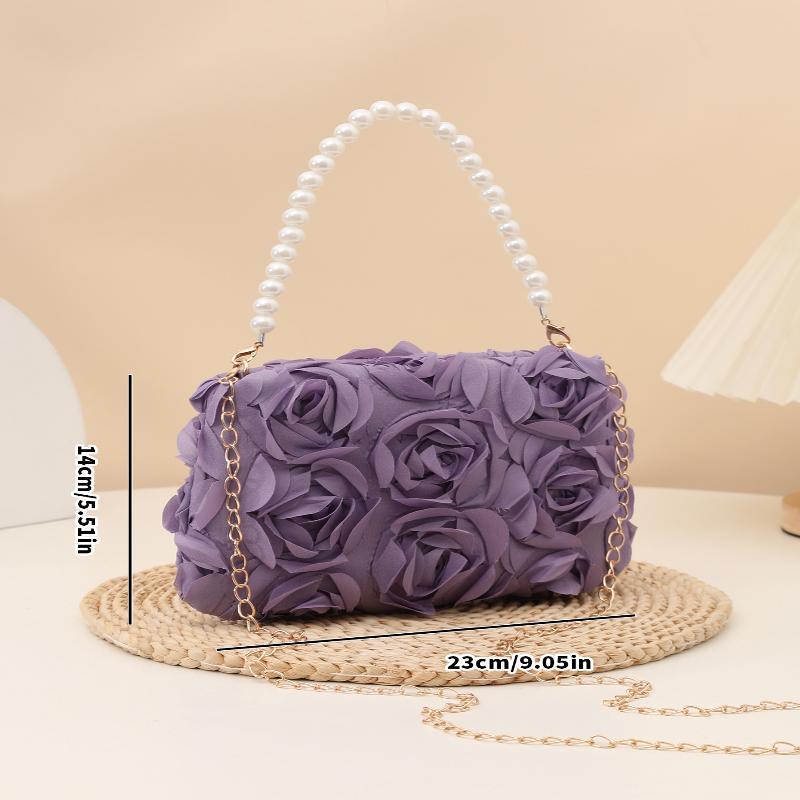 Elegant Women 3D Rose Floral Shoulder Bag Romantic Flower Pattern Pearl Handle Detachable Chain for Prom Graduation