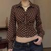 European and American Retro Coffee Color Polka Dot V-neck Long-sleeved Shirt, Slim-fitting Commuting Temperament, Fashionable and Thin Versatile Top