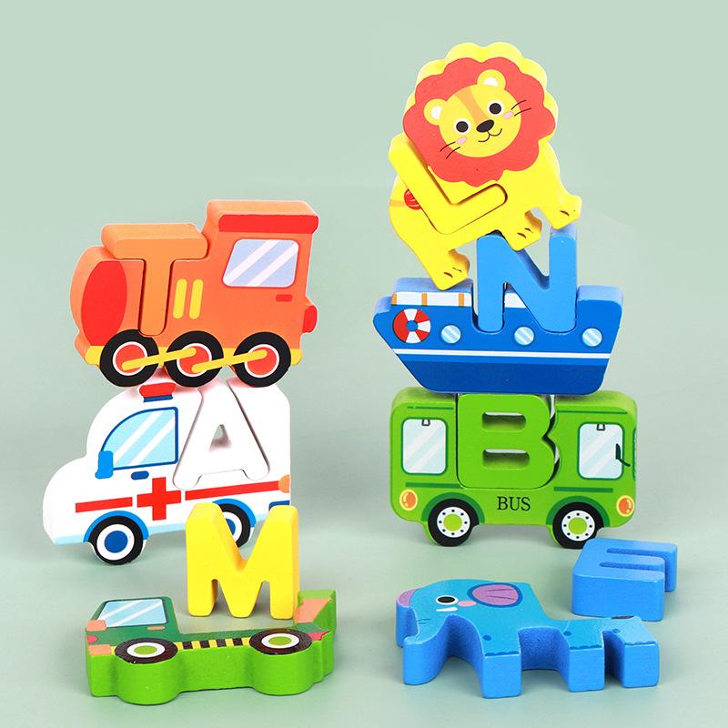 Children's Wooden 26 Letter Animal Pairing Three-dimensional Puzzle Early Education Cognitive Assembly Building Block Educational Toys