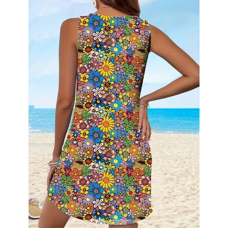 Robe d'été sans manches à motif floral éclatant pour femme, Parfaite pour des looks bohèmes décontractés et des tenues de vacances à la plage, Présentant des imprimés d'outre-mer