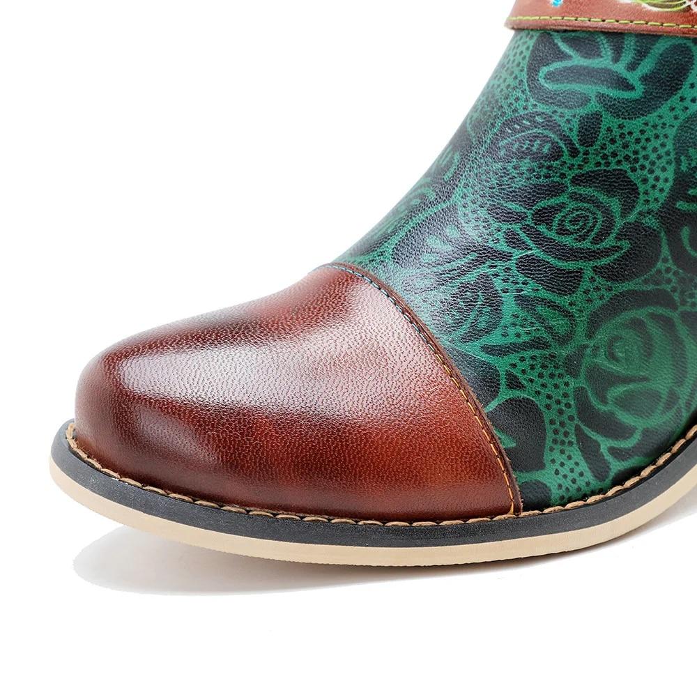 Johnature Handmade Color Printing Splice Flower Belt Buckle Comfortable Thick Heel Women Mid-calf Boots