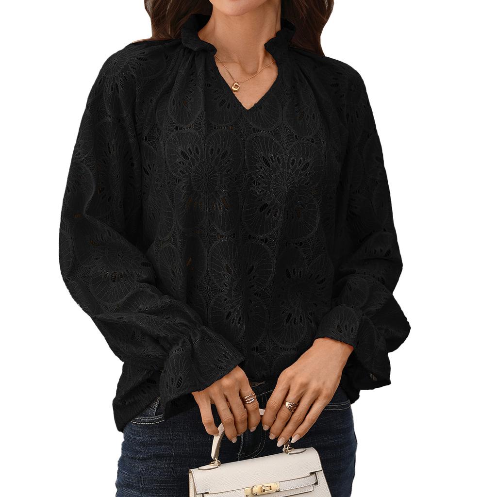 New Autumn-winter Pure-color V-neck Loose Casual Long-sleeved Lace Top for Women