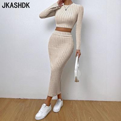 Conjuntos de Saias Femininas da Moda Casual de Cor Sólida com Estampa de Cintura Alta